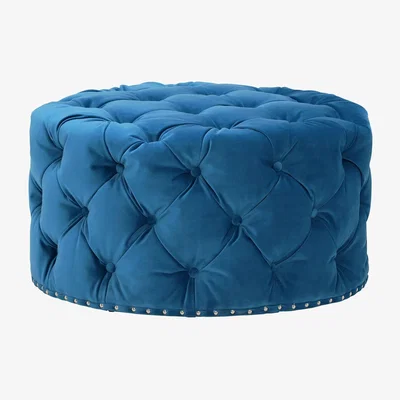 Barker and Stonehouse Timothy Oulton Lord Digsby Medium Round Footstool, Revival Velvet Aqua