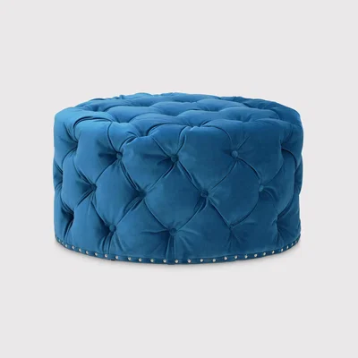 Barker and Stonehouse Timothy Oulton Lord Digsby Round Medium Footstool, Blue Fabric | Barker & Stonehouse