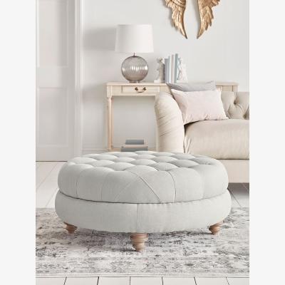 Cox and Cox Margeaux Round Ottoman - Ash Linen Cotton Blend