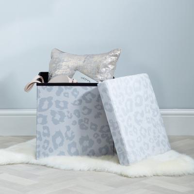 Dunelm Snow Leopard Animal Print Foldable Cube Ottoman Natural