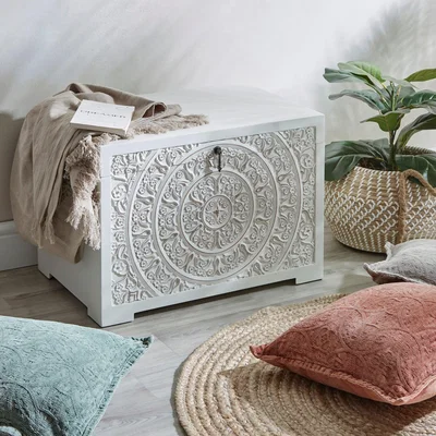 Dunelm Samira Carved Wood Trunk Large White