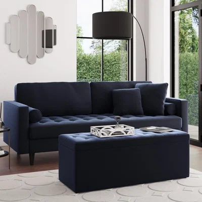 Dunelm Oswald Velvet Buttoned Ottoman Bench Luxe Navy