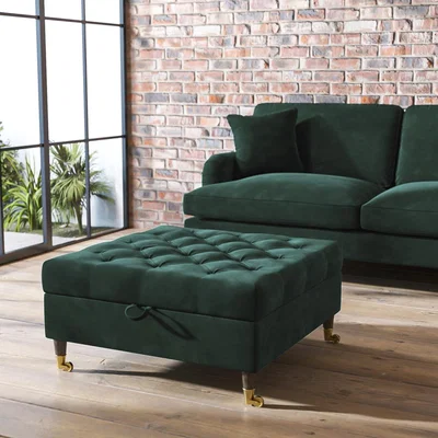 Furniture123 Ottoman Storage Footstool in Buttoned Dark Green Velvet - Spencer