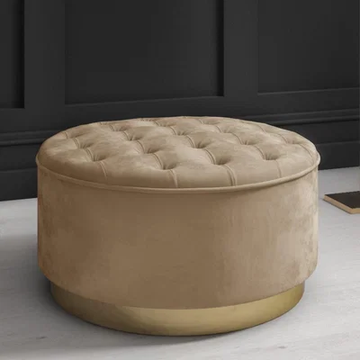Furniture123 Safina Large Round Velvet Pouffe in Beige with Button Detail