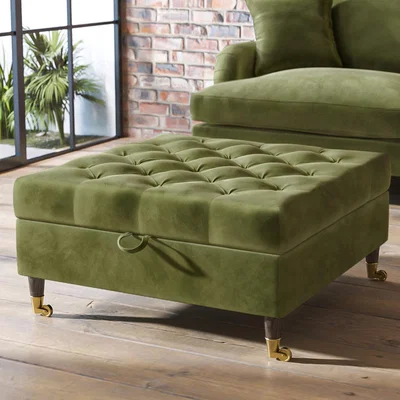 Furniture123 Olive Green Velvet Buttoned Ottoman Storage Footstool - Payton