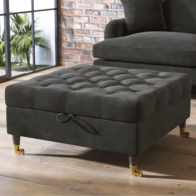 Furniture123 Charcoal Velvet Buttoned Ottoman Storage Footstool - Payton