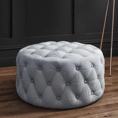 Furniture123 Xena Large Quilted Button Pouffe in Light Grey Velvet