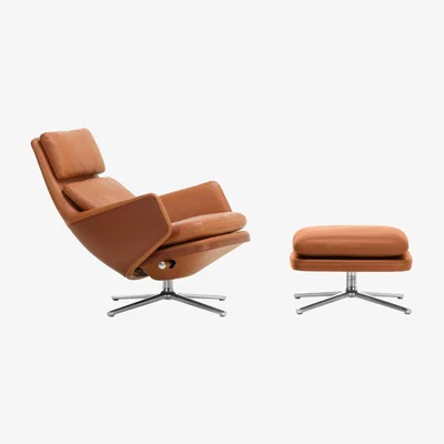 Heal's Vitra Grand Relax Chair & Ottoman Cognac Leather Polished Base Felt Glides - Heal's UK Furniture
