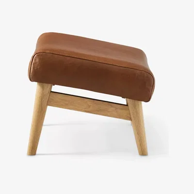 John Lewis west elm Mid-Century Show Wood Leather Footstool, Light Wood Frame, Saddle
