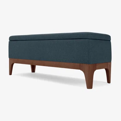 Made.com Roscoe Upholstered Ottoman Storage Bench, 110 cm Aegean Blue Fabric with Dark Stain Legs