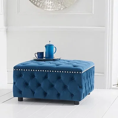 Oak&More Flora Blue Velvet Square Footstool