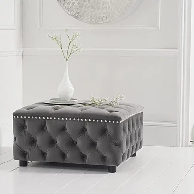Oak&More Flora Grey Velvet Square Footstool
