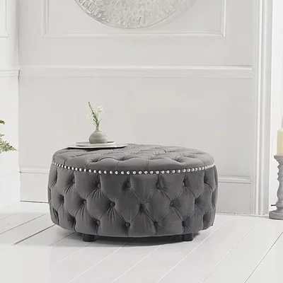 Oak&More Flora Grey Velvet Round Footstool