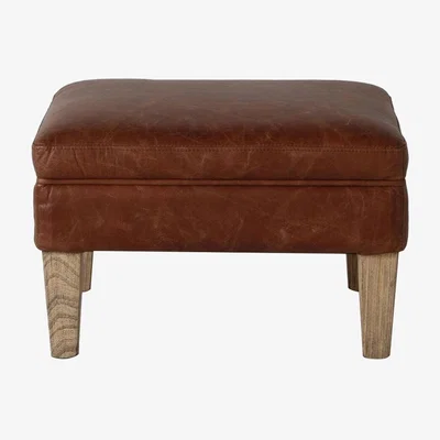 Perch and Parrow Remington Leather Footstool in Vintage Brown