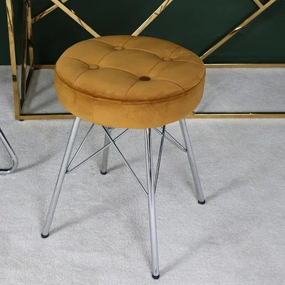 The Range Round Velvet Upholstered Footstool with Metal Legs - Mustard
