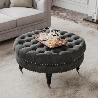 The Range Round Buttoned Footstool with 4 Casters - Grey