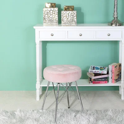 The Range Round Velvet Upholstered Footstool with Metal Legs - Pink