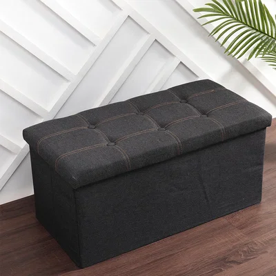 The Range Denim Fabric Ottoman Storage Box - Black