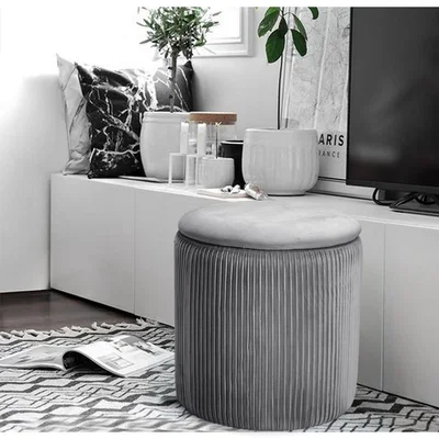 The Range Round Velvet Fabric Storage Ottoman  - Grey
