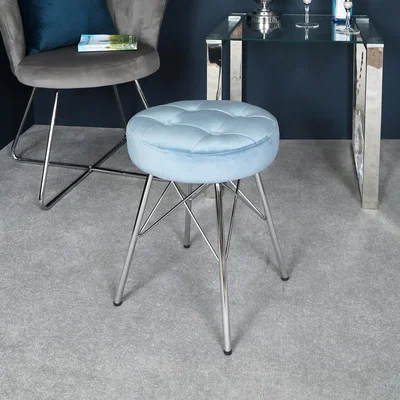 The Range Round Velvet Upholstered Footstool with Metal Legs - Blue