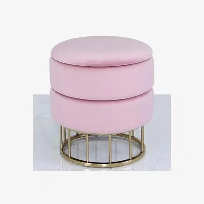 Teddy Beau Deco Home Blush Pink Velvet And Gold Metal Round Storage Ottoman Stool / Gold