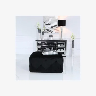 Teddy Beau Deco Home Black Square Tufted Ottoman Upholstered Black Velvet Pouffe