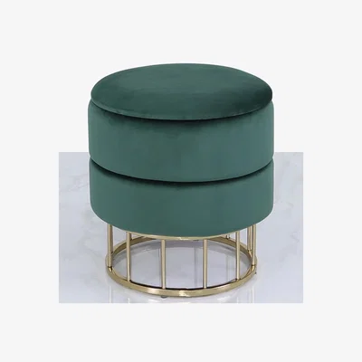 Teddy Beau Deco Home Forest Green Velvet And Gold Metal Round Storage Ottoman Stool / Gold