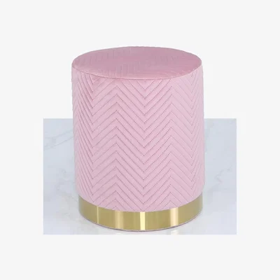 Teddy Beau Deco Home Blush Pink Patterned Velvet And Gold Metal Round Footstool Ottoman / Gold