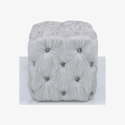 Teddy Beau Deco Home Silver Fabric Deeply Padded Stool Ottoman With Tufted Buttons