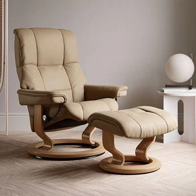 Woods Furniture Stressless Mayfair Recliner With Classic Base Footstool Medium - Paloma Beige Oak Base Medium Chair Batick Leather