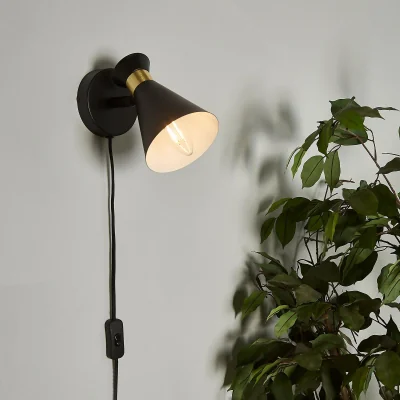 Homebase Balham Plug In Wall Light - Black & Brass
