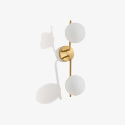 Kave Home Brisia metal wall lamp with brushed brass finish and 2 frosted glass balls Ø15cm