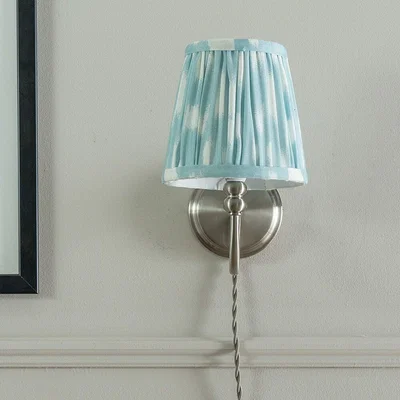 La Redoute Brushed Chrome Plug In Wall Light with Blue Gathered Shade