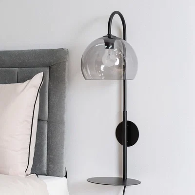 La Redoute Smoked Glass Globe Shade Wall Light with Matte Black Shelf