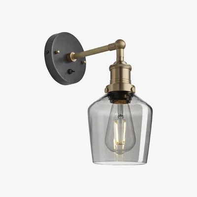 Olivia's Industville Brooklyn 5.5 Inch Schoolhouse Wall Light / Smoke Grey Tinted Glass and Brass Holder