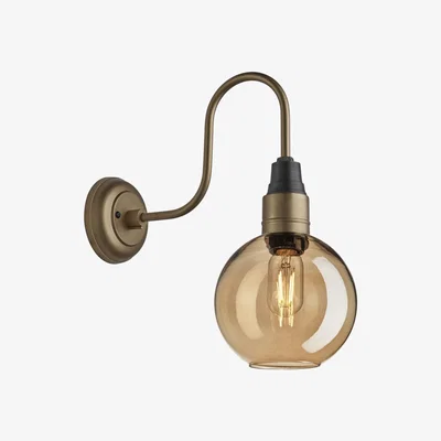 Olivia's Industville Swan Neck Tinted Glass Globe Amber Wall Light / 9 Inch Brass Holder