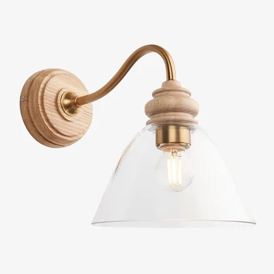 Perch and Parrow Bourton Wall Light in Natural Ash & Brass with Glass Shade