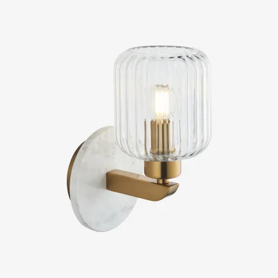 Perch and Parrow Sloane Ribbed Wall Light in White Volakas Marble, Vintage Brass and Ribbed Glass