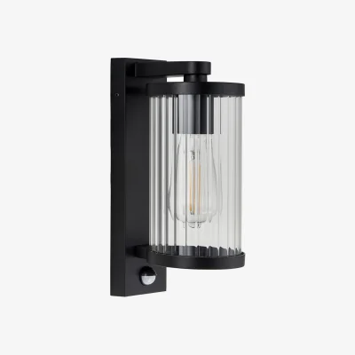 Perch and Parrow Nedding Pir Wall Light in Matt Black and Ribbed Glass