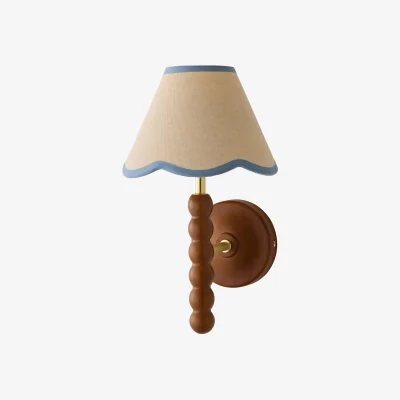 The Range Bobbin Walnut Wall Light with Trim Scallop Shade - Powder Blue / 19cm