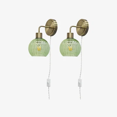 The Range Set Of 2 Toby Antique Brass Plug In Wall Lights Green Globe Shades - Antique Brass & Green