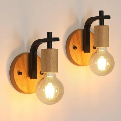 The Range GOECO E27 2-Piece Vintage Interior Wall Lamp Wood and Metal Black - Black