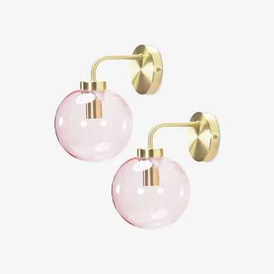 The Range Frenchie Pair of Pink Glass Globe Single Gold Stem Wall Lights with Bulbs - Gold