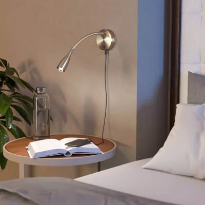 The Range EGLO Olivandino 1 Nickel Wall Light LED Flexible Arm Wall Light with USB - Satin Nickel