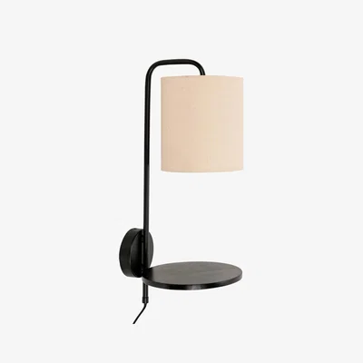 The Range Ryan Curved Bar Shelf Wall Lamp with Natural Linen Shade - Black