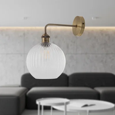 The Range Isaac Antique Brass Wall Light With Clear Ribbed Glass Shade - Antique Brass & Clear Ribbed