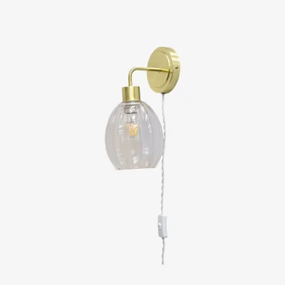 The Range Toby Satin Brass Plug In Wall Light With Birch Fluted Glass Shade - Satin Brass & Clear