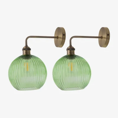 The Range Set Of 2 Isaac Wall Lights - Antique Brass Plate And Clear Green Ribbed Glass