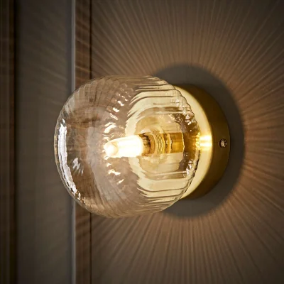 The Range Calpe Flush Wall Light with Ribbed Shade - Brushed Gold / 0.31kg / Glass / 0