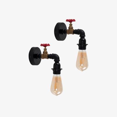 The Range Pair Of Industrial Antique Brass Satin Black Pipework And Red Tap Wall Lights - Black